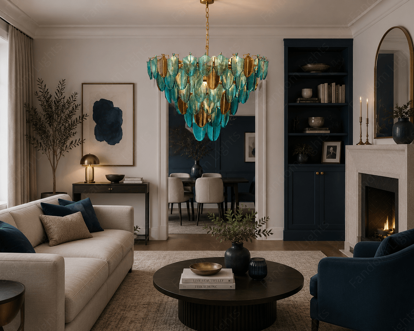 800 MM Blue Clear Glass Gold Metal LED Chandelier