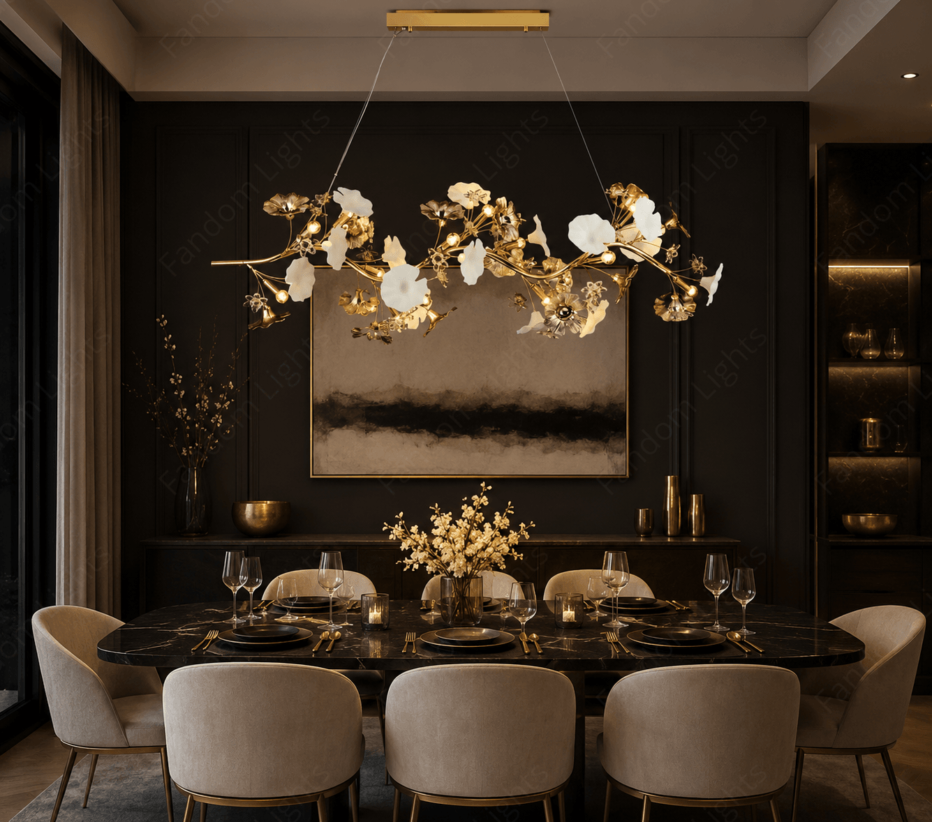 1500MM LONG GOLDEN CRYSTAL CERAMIC FLOWER CHANDELIER LIGHT