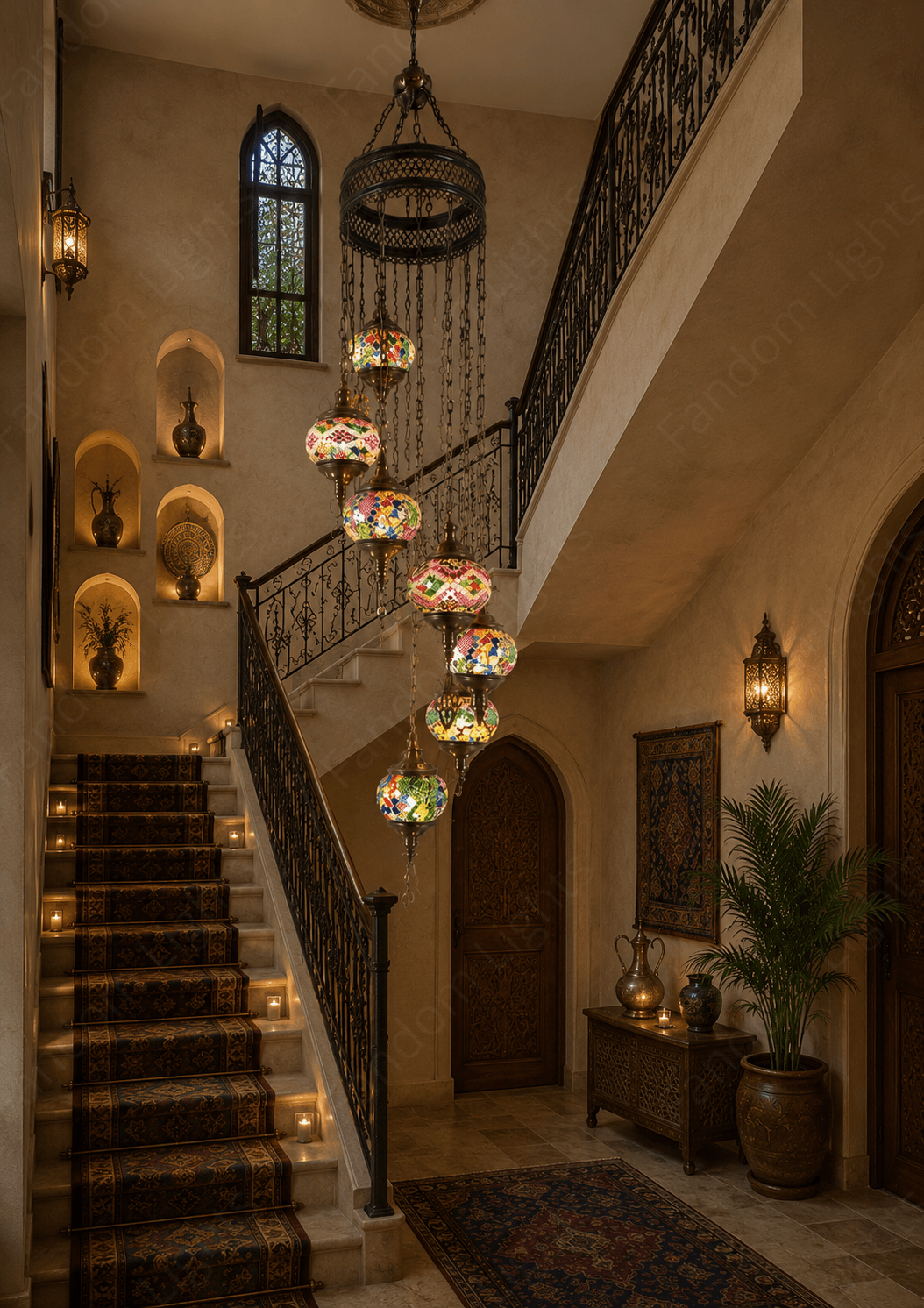 8-LIGHT TIFFANY COLOR DOUBLE HEIGHT STAIR CHANDELIER