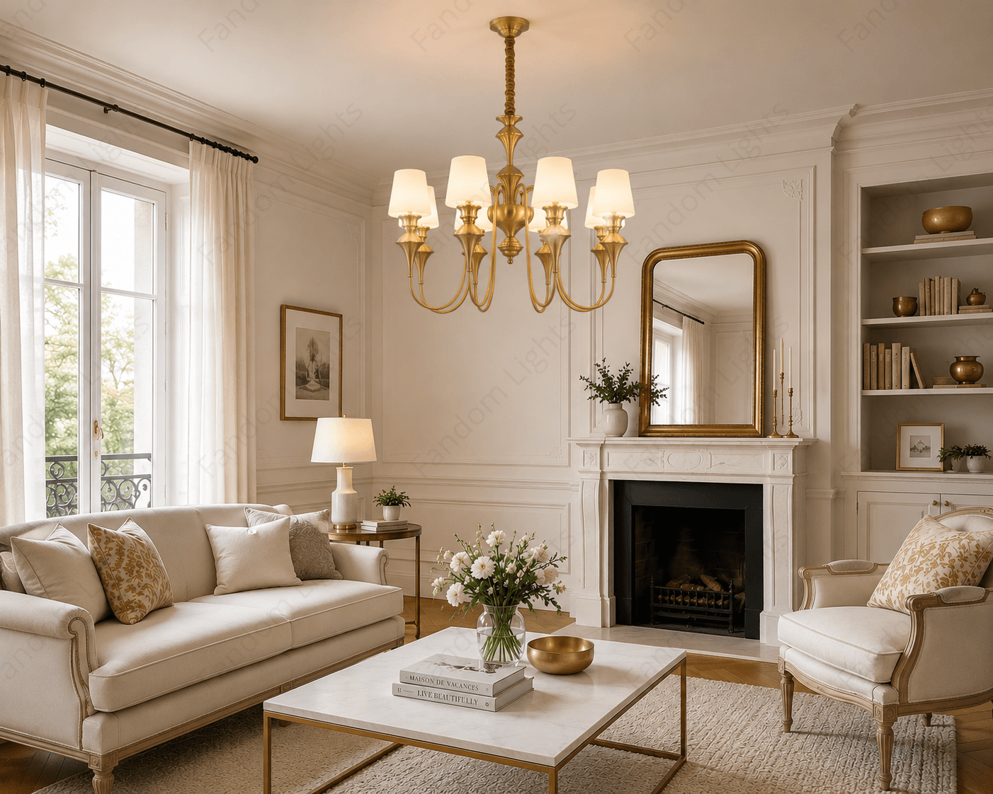 8 Light Frost Glass Brass Italian Chandelier Light for Dining Hall - Warm White